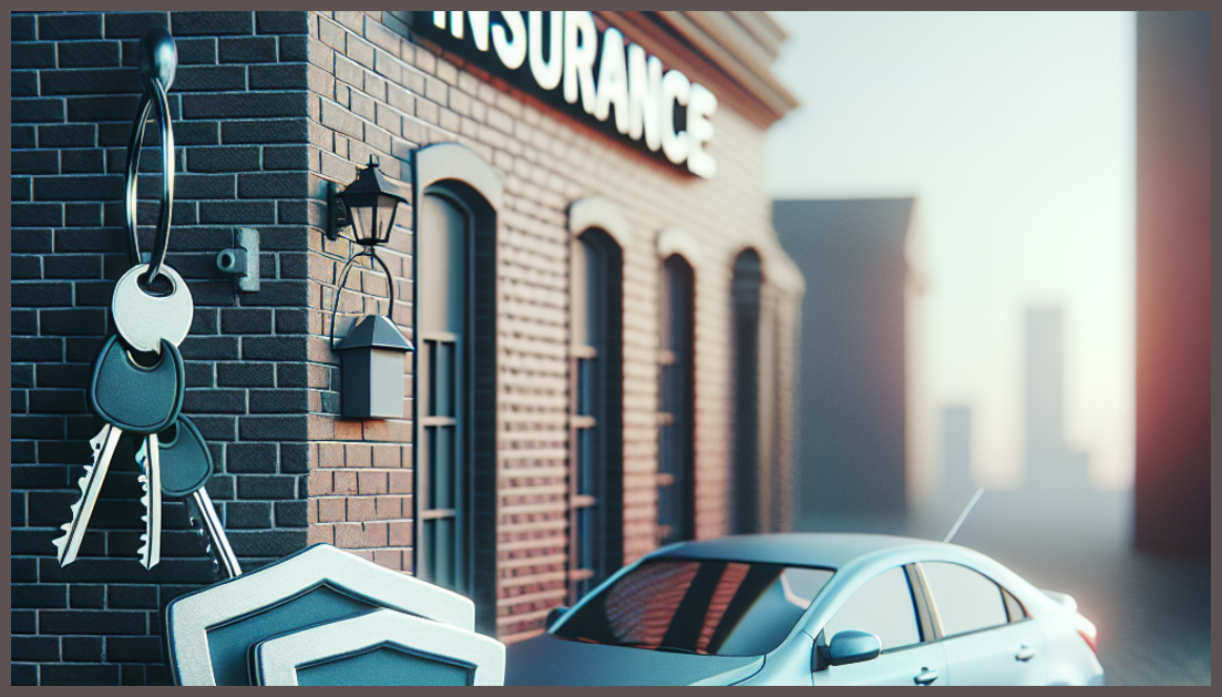 A safe car parked beside a trust symbol for insurance.