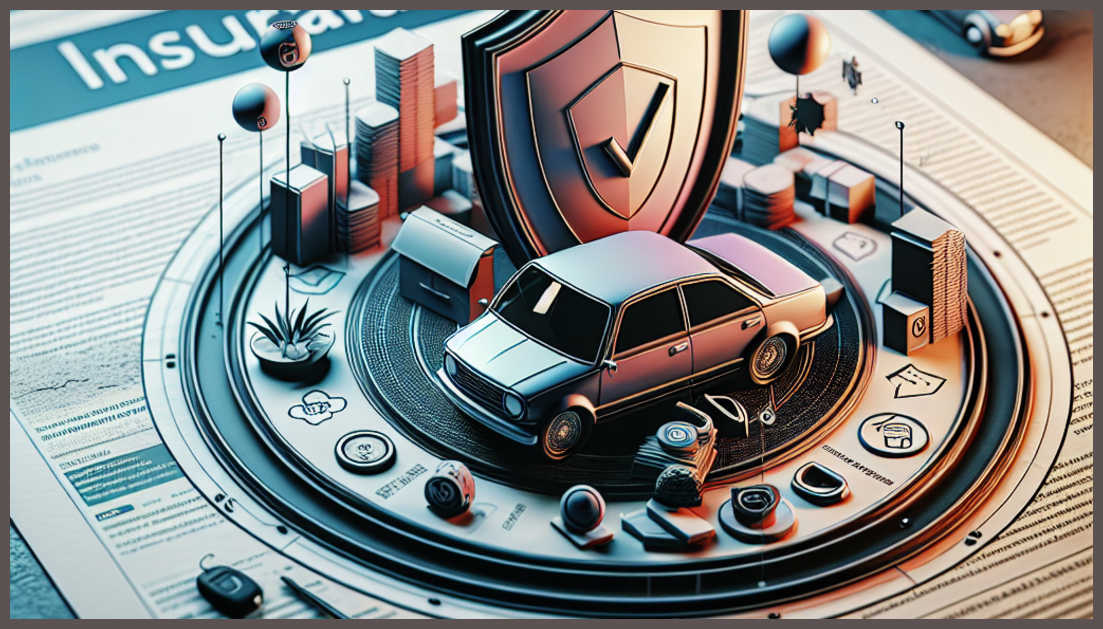 A car surrounded by insurance symbols and paperwork.