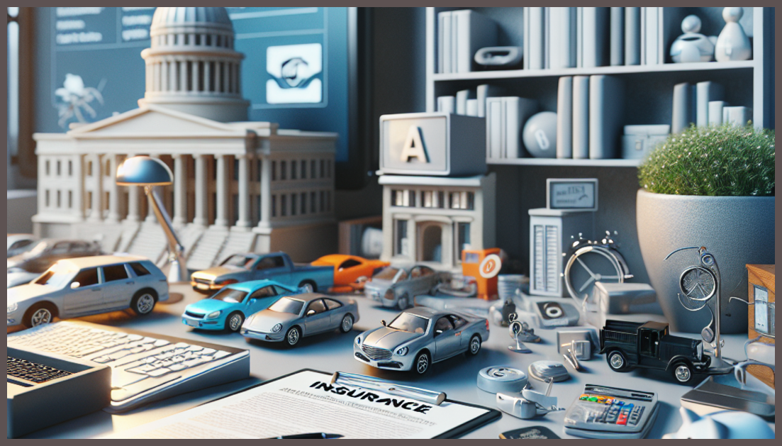 A serene workspace featuring car insurance symbols like a shield and paper documents.