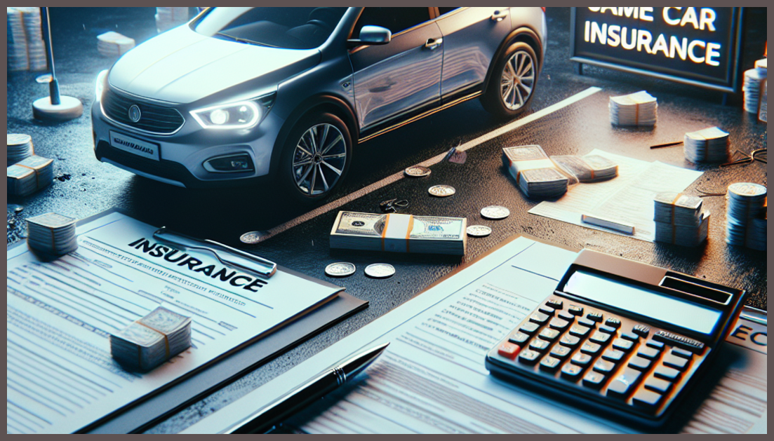 A car with insurance documents and a calculator symbolizing coverage.