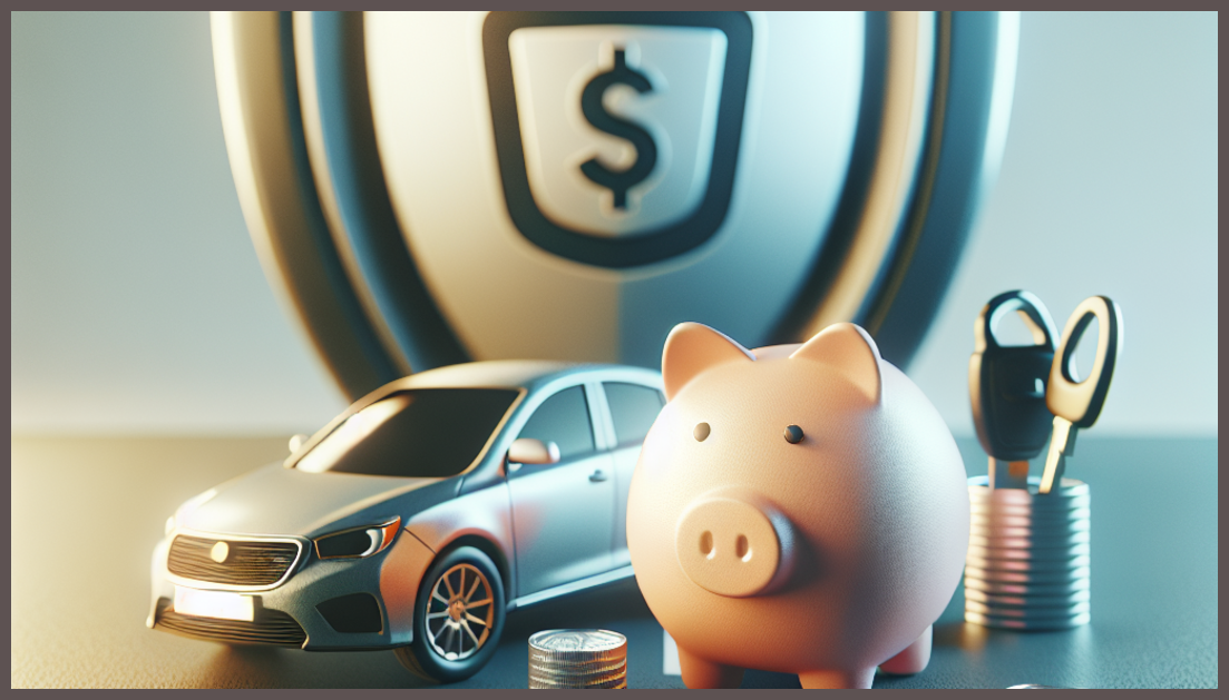 A car surrounded by symbols of savings and insurance.