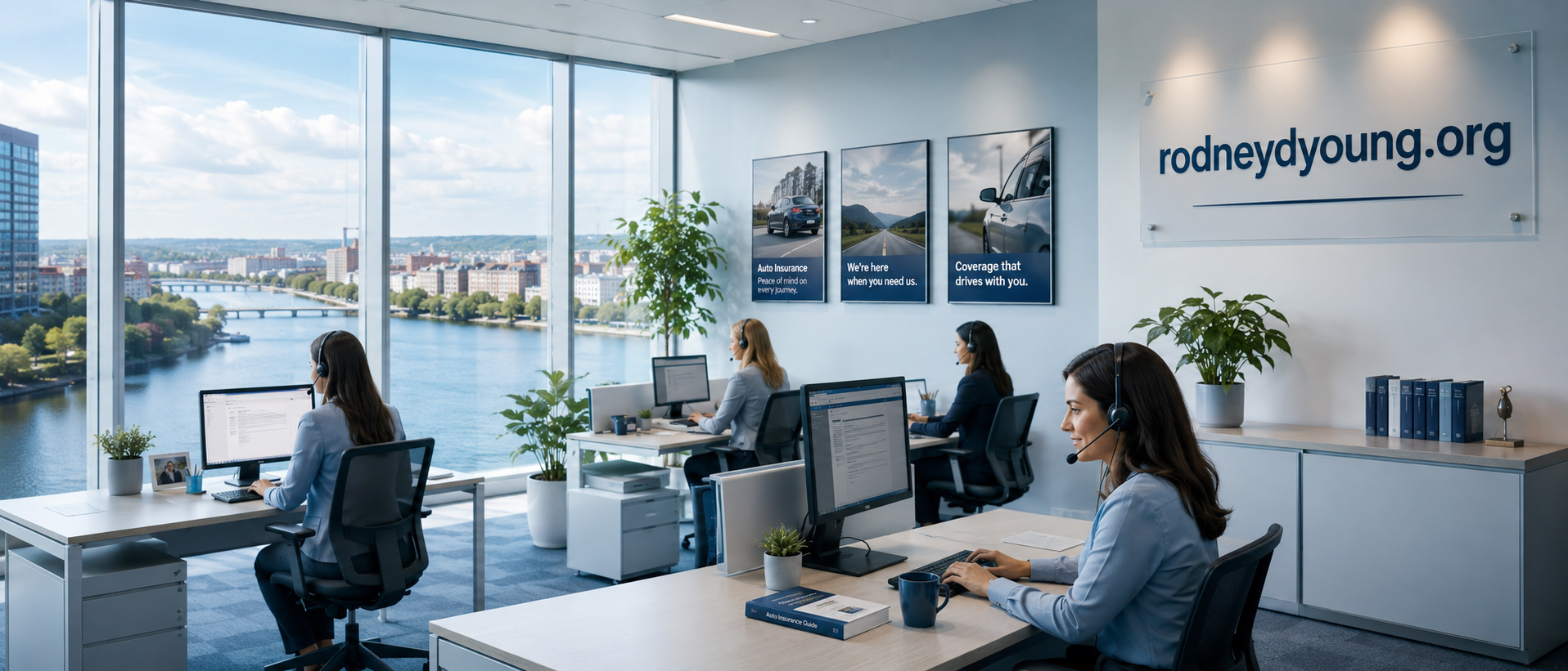 RodneyDYoung.org office with customer support team wearing headsets, computers, auto insurance posters, and large windows overlooking a river.