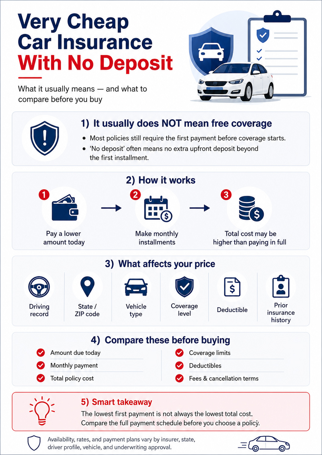 Infographic explaining what very cheap car insurance with no deposit usually means, including first payments, monthly installments, price factors, coverage limits, deductibles, fees, and total policy cost.