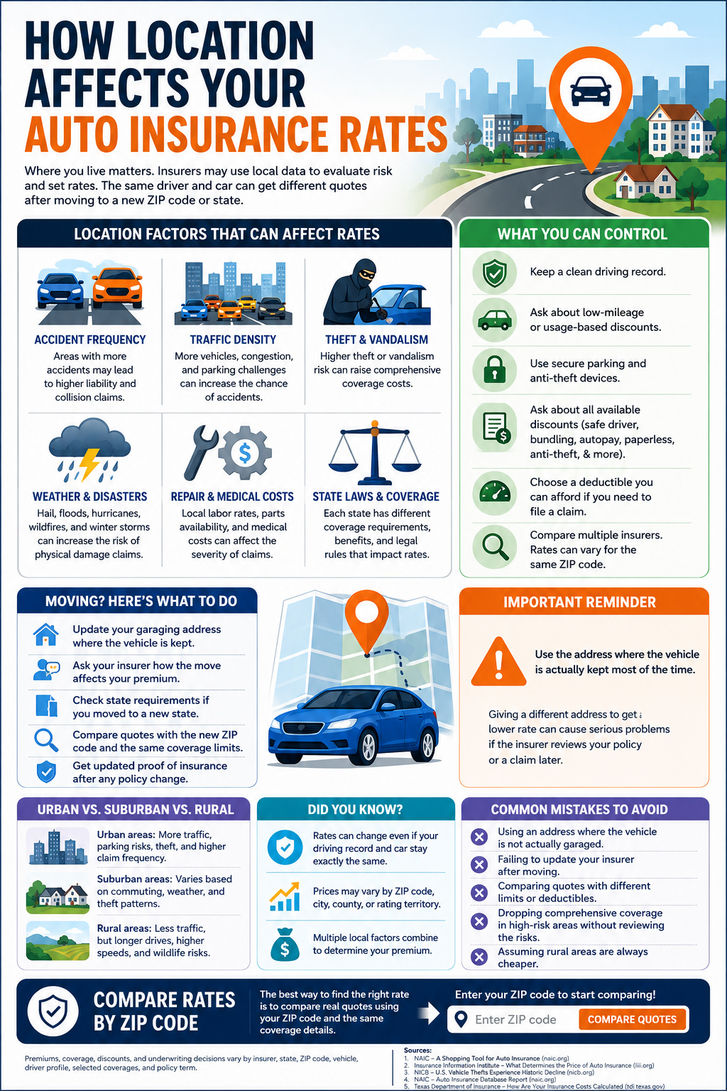 Infographic explaining how location, ZIP code, traffic density, theft risk, weather, repair costs, state laws, and garaging address can affect auto insurance rates.