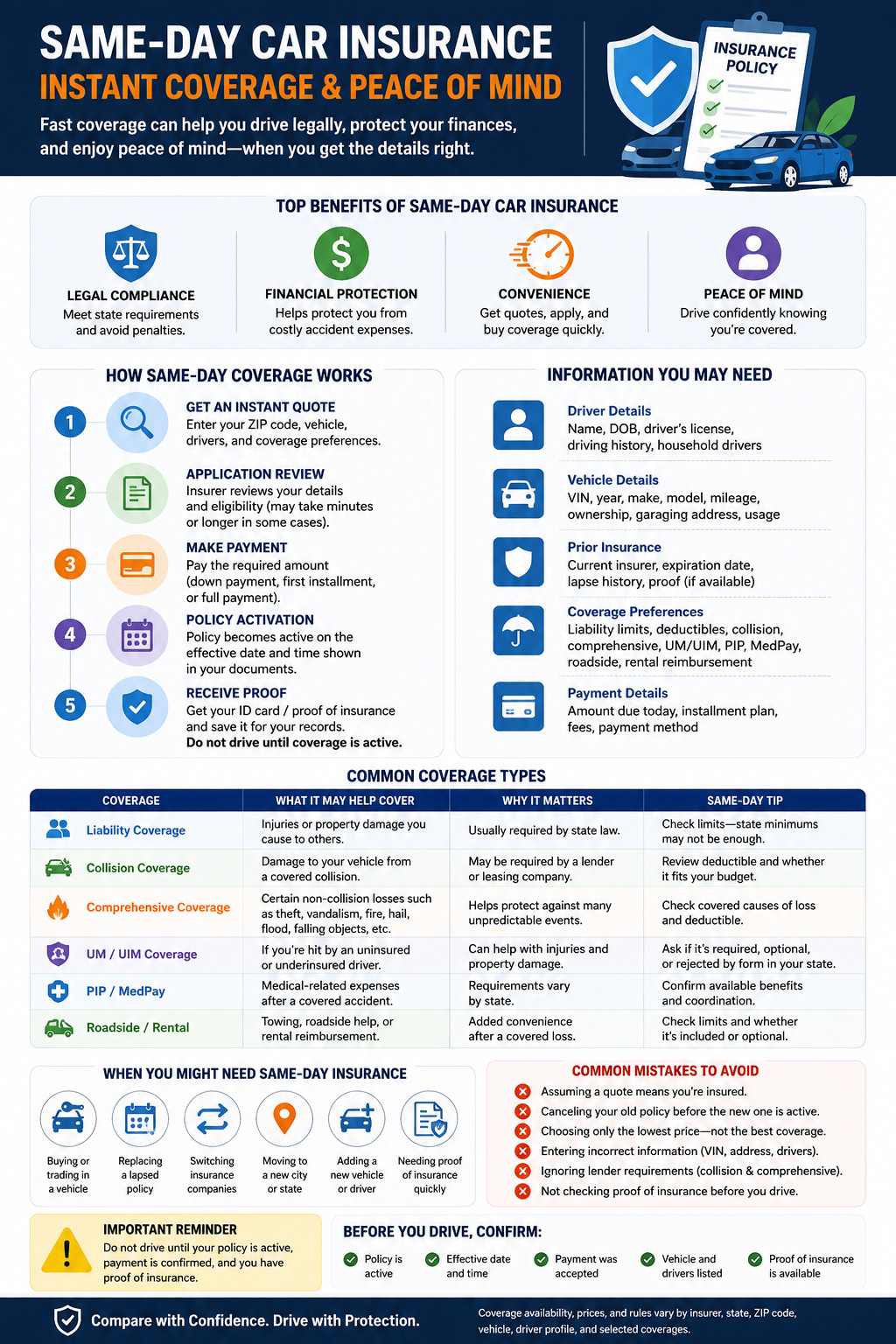 Infographic explaining same-day car insurance, including how fast coverage works, documents needed, common coverage types, mistakes to avoid, and what to confirm before driving.