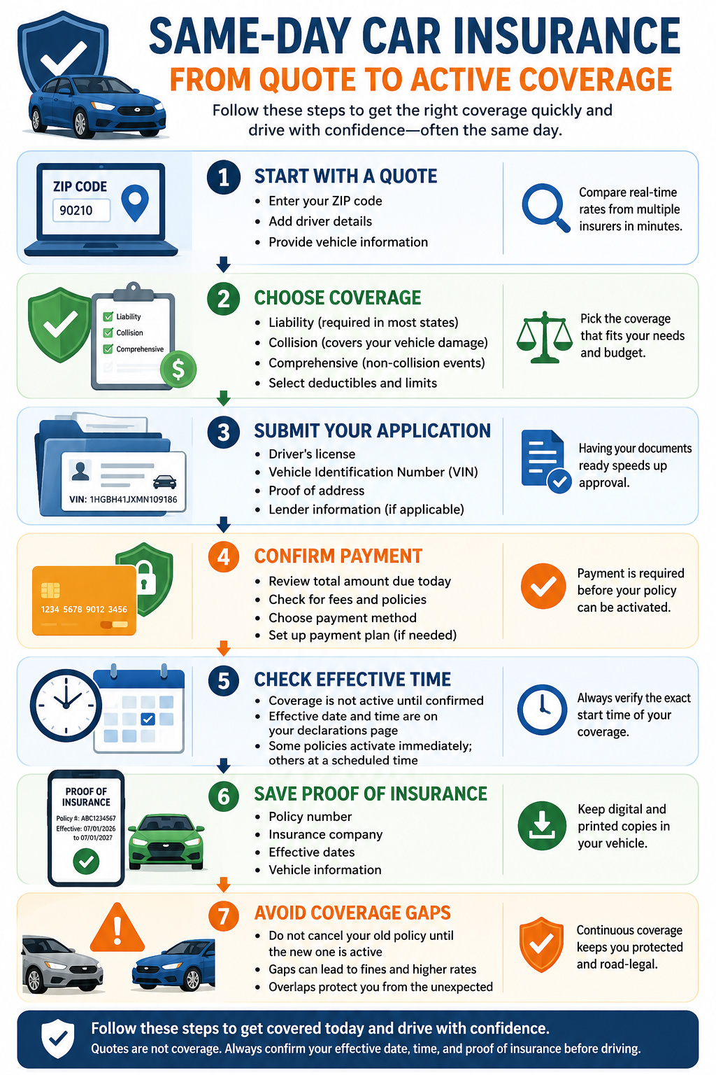 Infographic explaining the same-day car insurance process from quote, coverage selection, application, payment, effective time, proof of insurance, and avoiding coverage gaps.