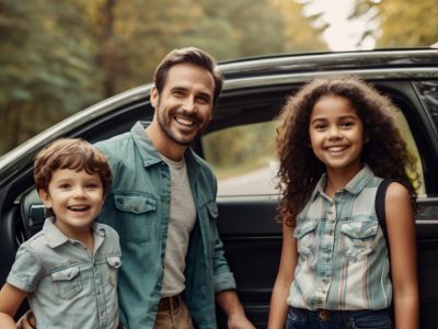 a family of four stand in front of their car smiling